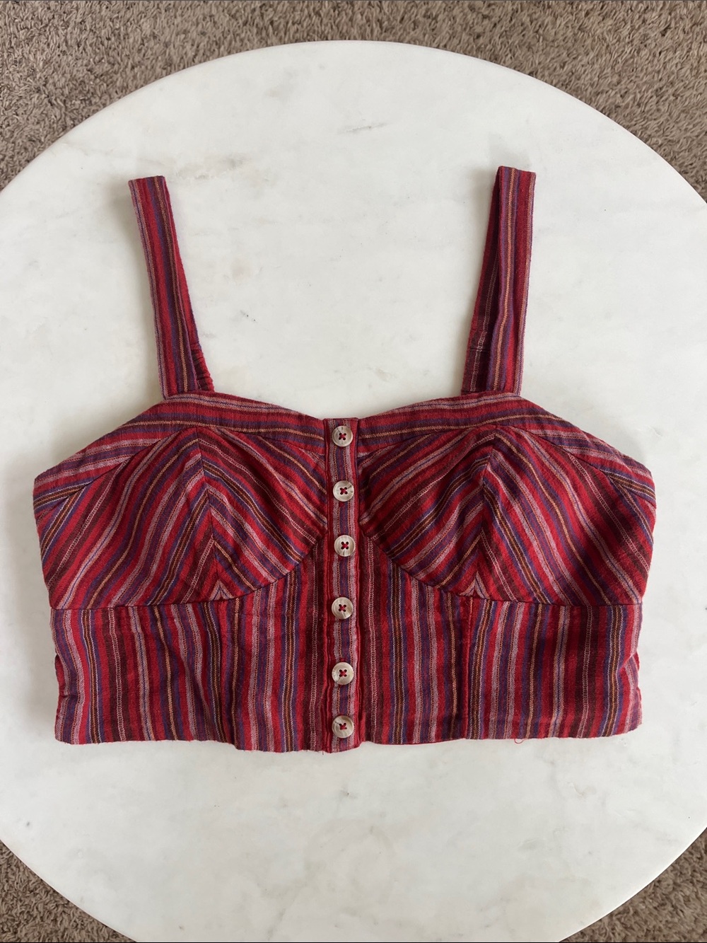 American Eagle Outfitters Crop Top, Medium, Red, Striped, Faux Button-Front